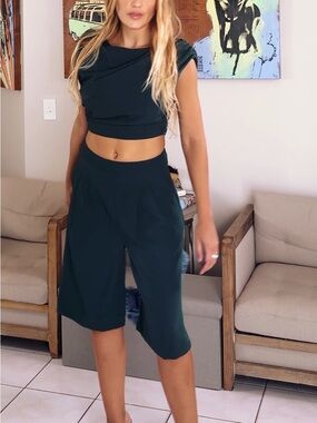 Women's Dark Teal High-Waist Cropped Wide-Leg Pants and Top Set